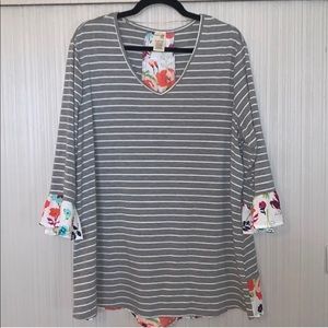 Terra & Sky Stripped Top With Floral Accents - PLUS SIZE